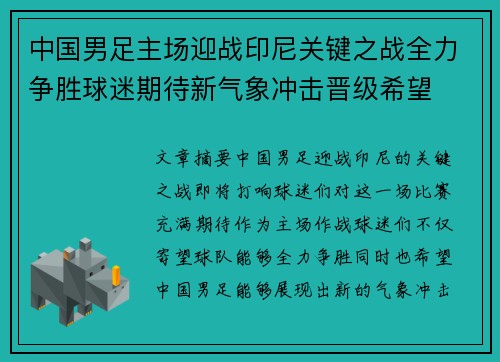 中国男足主场迎战印尼关键之战全力争胜球迷期待新气象冲击晋级希望