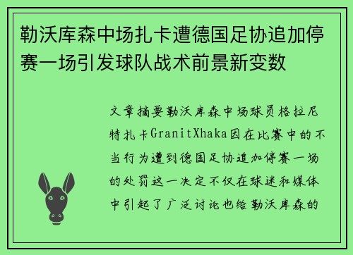 勒沃库森中场扎卡遭德国足协追加停赛一场引发球队战术前景新变数